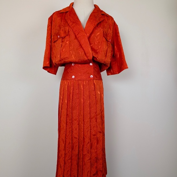 80s Orange Midi Dress Drop Waist Peplum Doubled Breasted Collar V-Neck - Picture 6 of 11